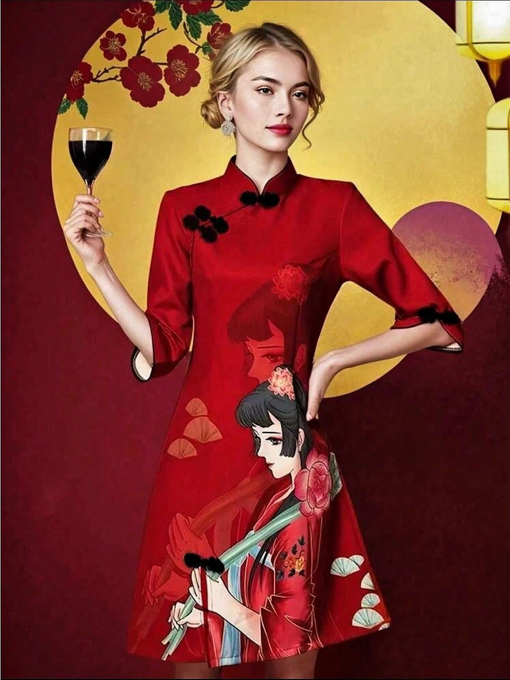 SHEIN Red Printed Mandarin Collar Dress – Size x large